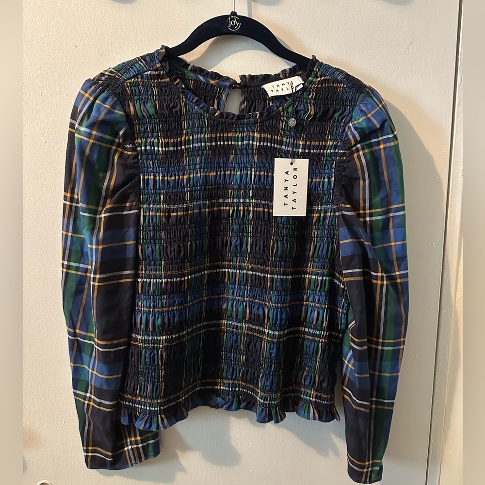 Tanya Taylor smocked plaid blouse NWT size Large